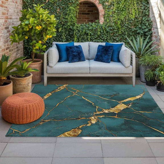 Outdoor Rug 5x8ft Turquoise Marble Large Area Rug Golden Ripple Indoor Outdoor Carpet Outdoor Rugs Mats for Patio Camping,RV,Front Door, Outside Decor