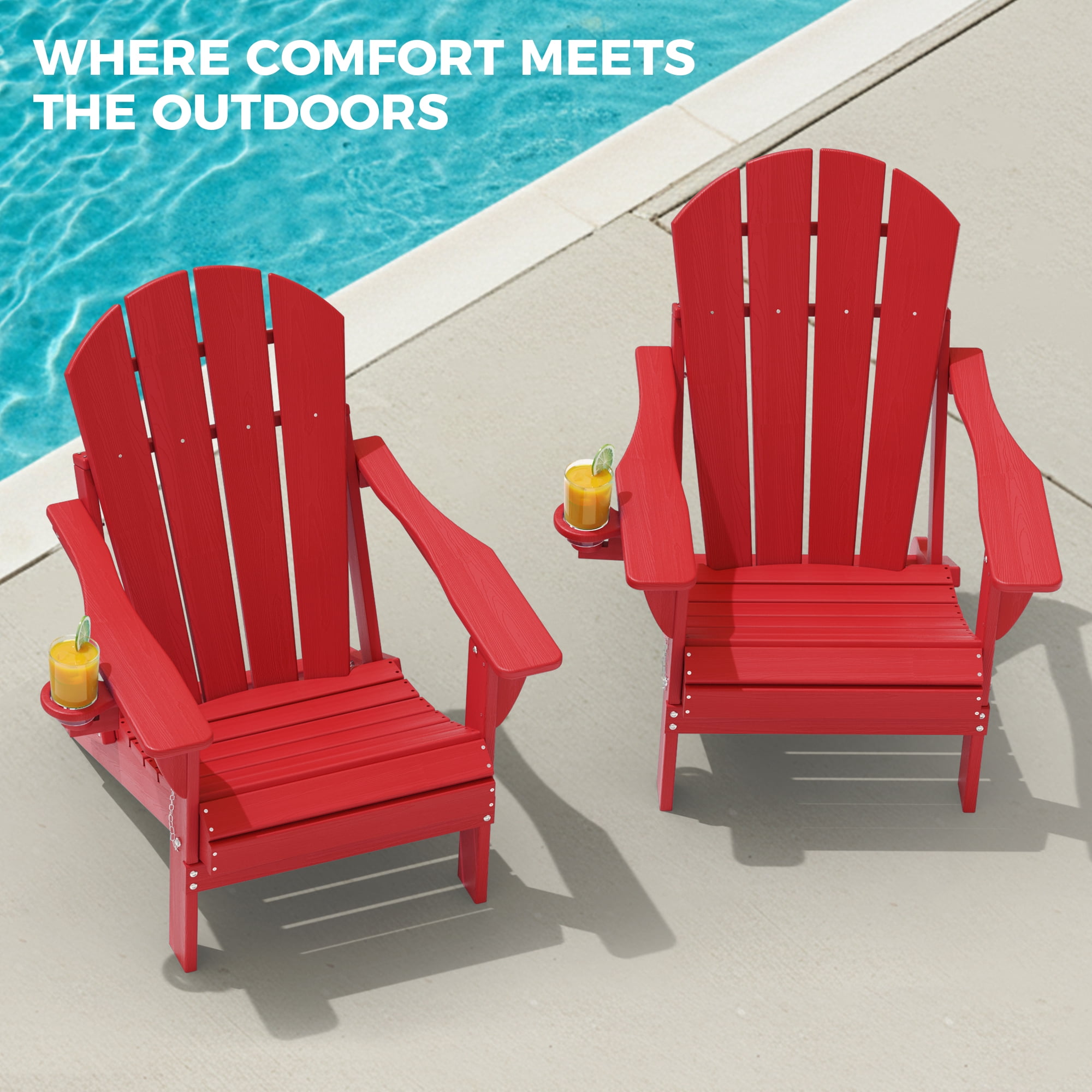 Folding Adirondack Chair Set of 2, Oversized HDPE Plastic Patio Chairs, Red