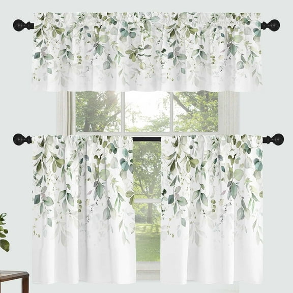 Green Leaf Curtain for Kitchen Bathroom Elegant Green Floral Rod Pocket Window Tier Curtains Valance Set 3 Pcs Plant Printed Short Curtains 54 x 18 inches   27 x 36 inches *2