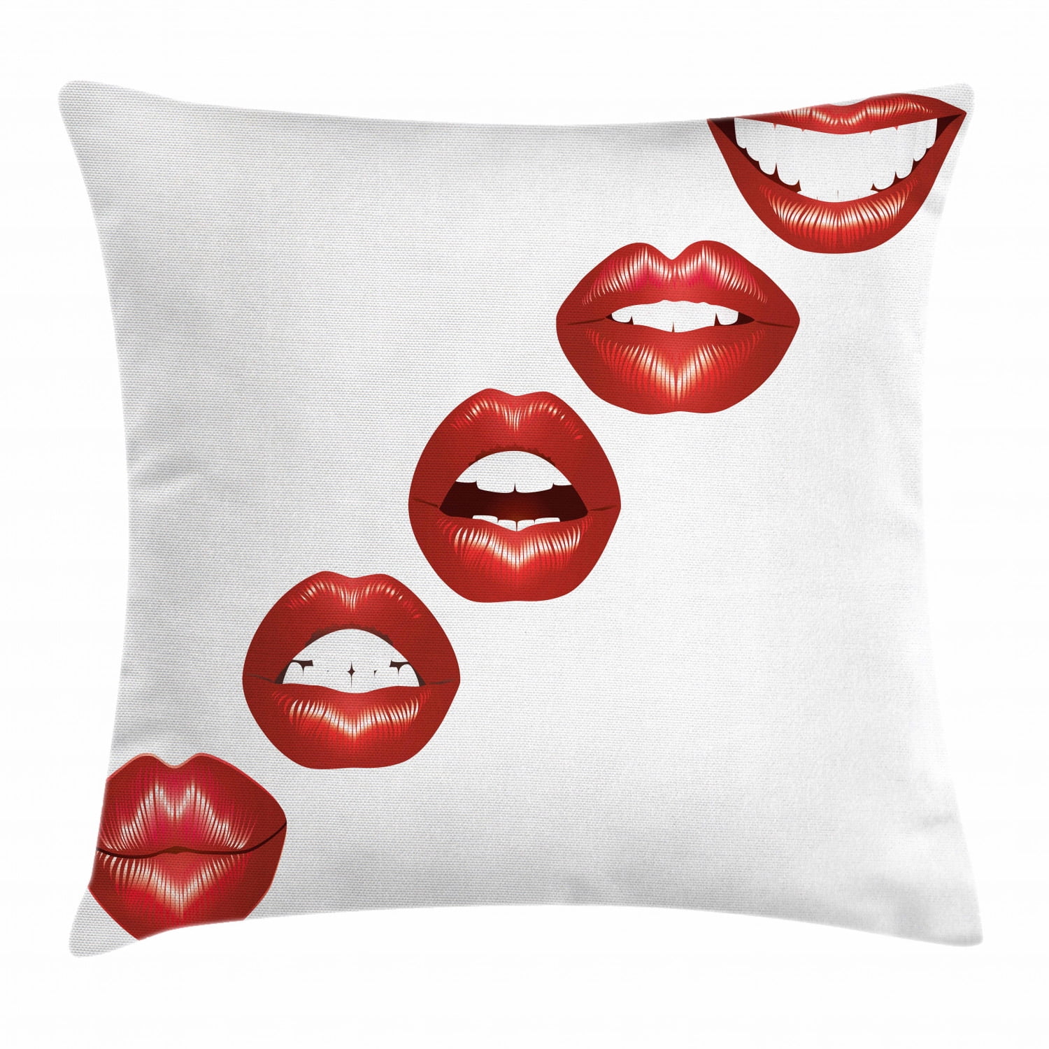 Kiss Throw Pillow Cushion Cover, Vivid Full Red Lips Smiling Kissing