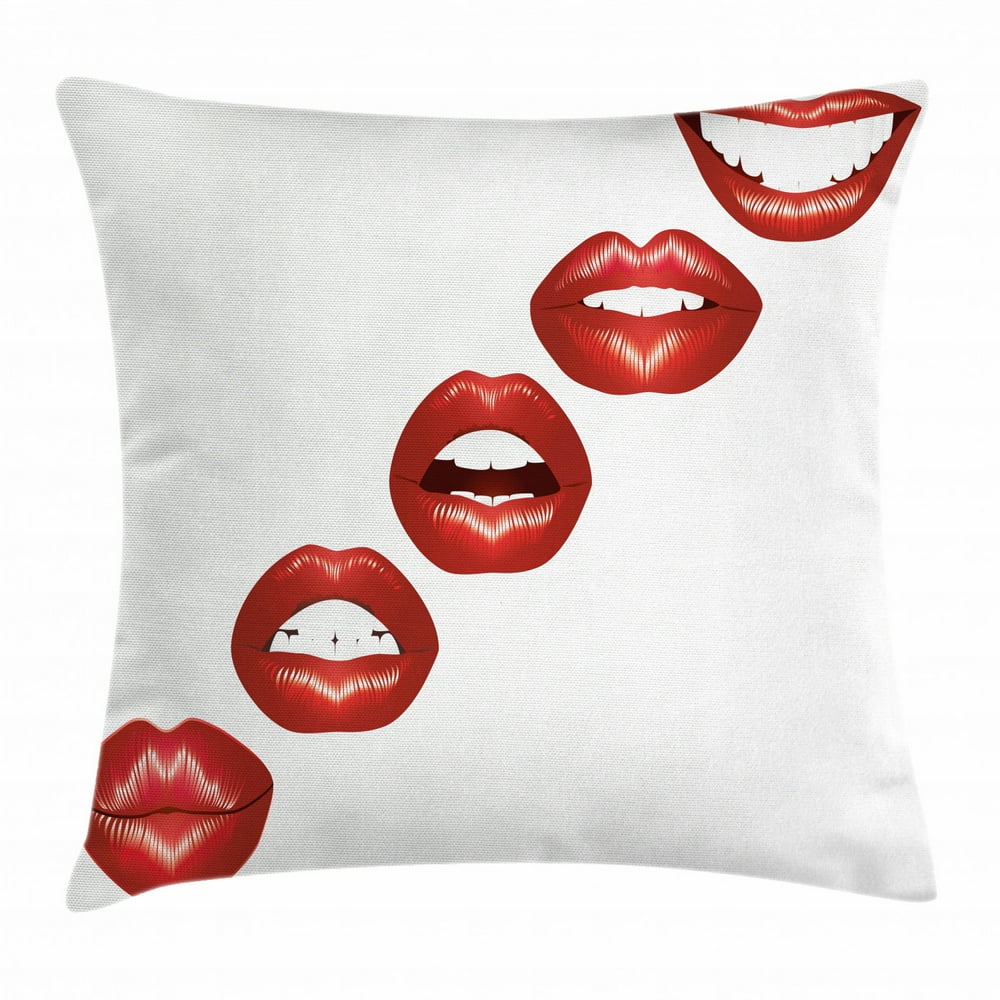 Kiss Throw Pillow Cushion Cover, Vivid Full Red Lips Smiling Kissing Sexy Lipstick Mouth Mimicry