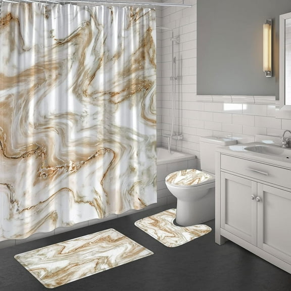 4 Pcs Brown Marble Shower Curtain Sets with Rugs, Tan Bathroom Decor Sets with Shower Curtain and Rugs and Accessories, Modern Bathroom Curtain Sets with Mats
