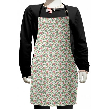 Floral Kids Apron, Design of Striped Flowers and Leaves Blots Pastel Colored Vintage Pattern, Boys Girls Apron Bib with Adjustable Ties for Cooking Baking Painting, Ruby and Reseda Green, by Ambesonne