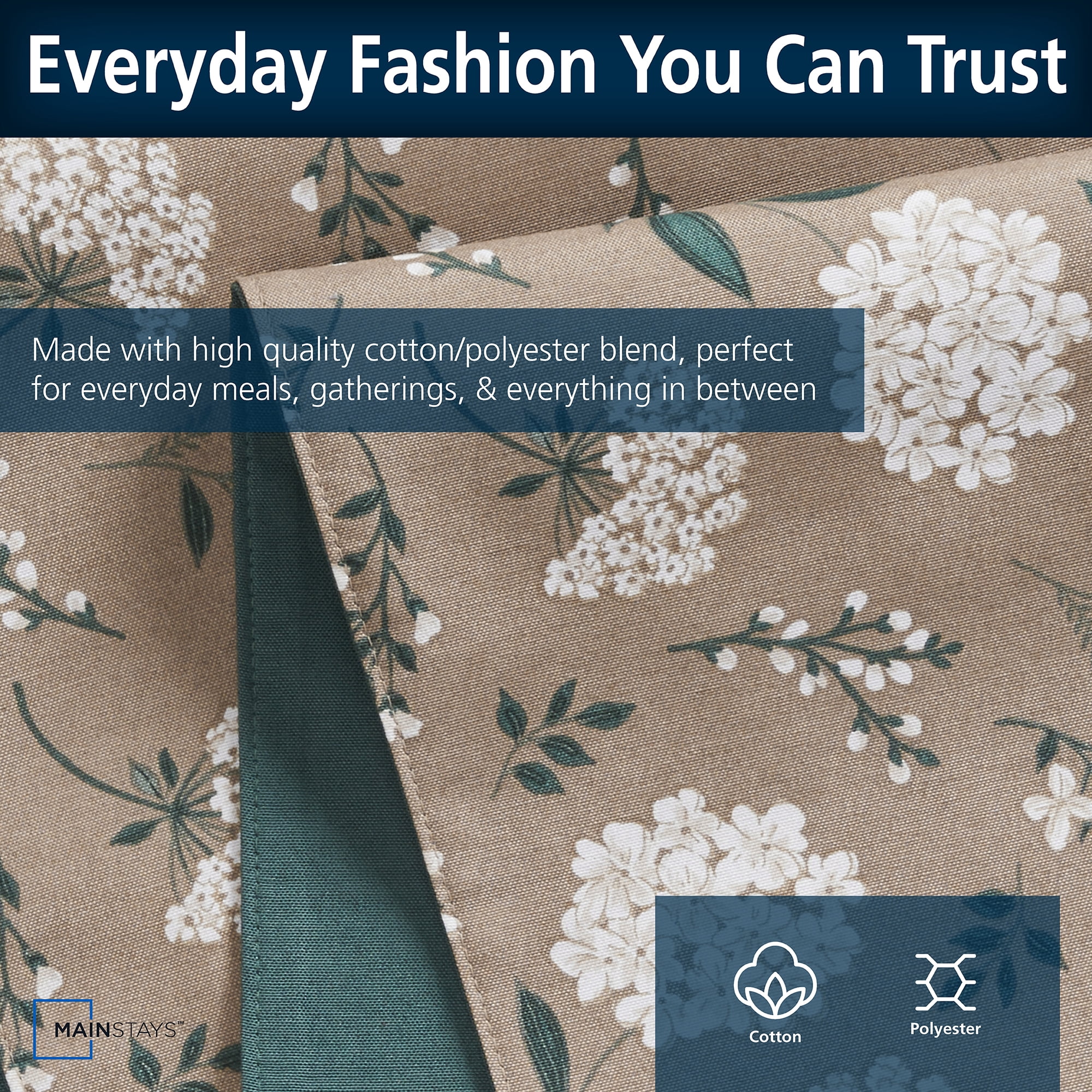Mainstays Farmhouse Table Runner Summer Floral Brown Fabric, 14" x 72", Hydrangea