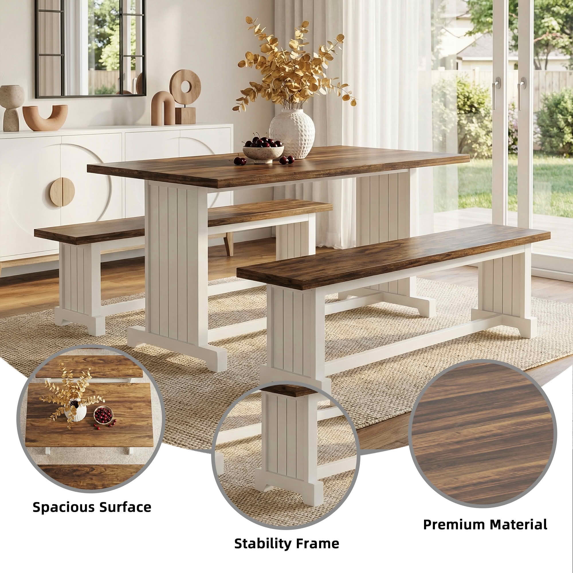 MAYEERTY 3-Piece 47" Farmhouse Dining Set with Table & Benches, 4-6 Seater Sturdy MDF & Metal Frame, Multiuse Home Cafe Furniture