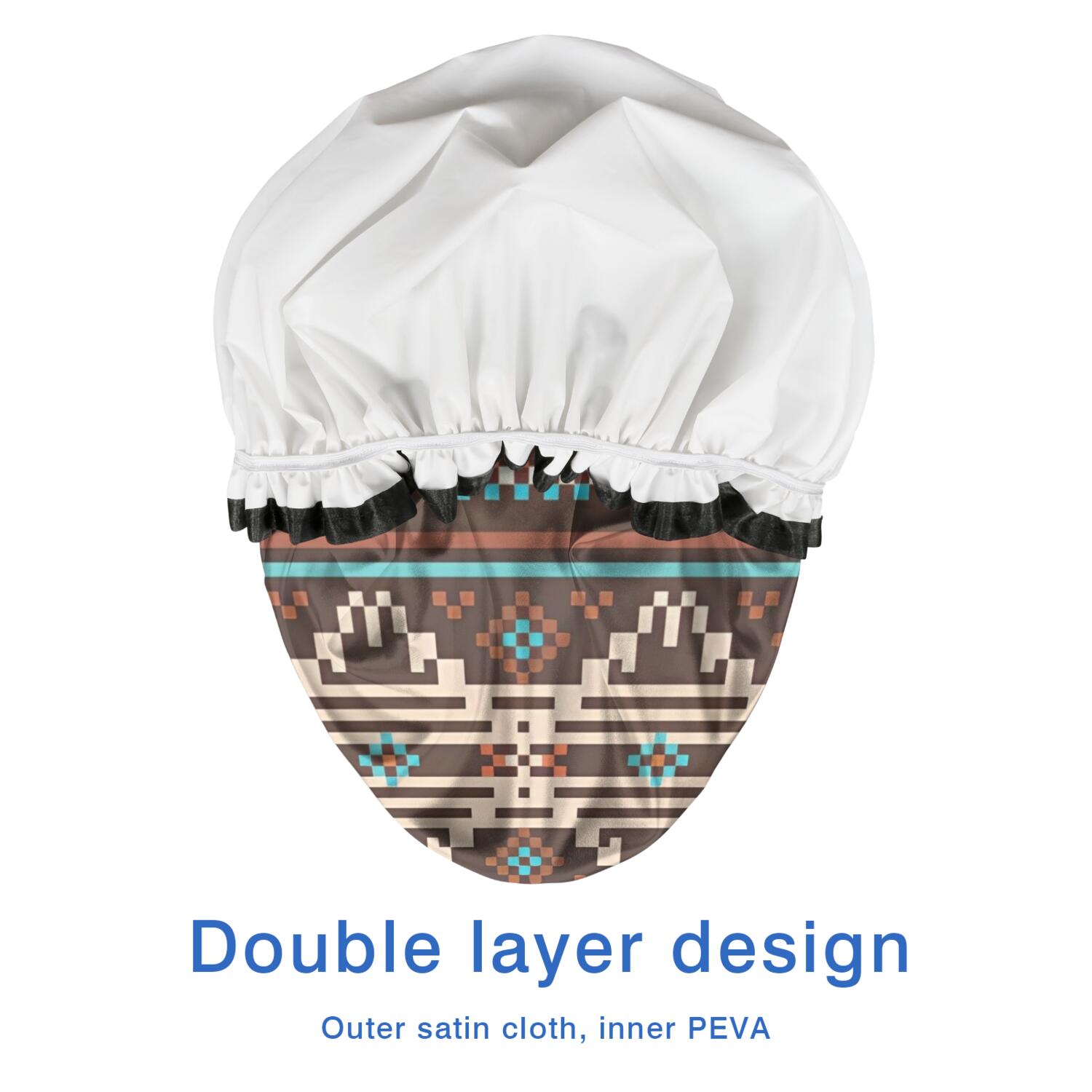 Shower Caps,Boho Blue Pixel Ethnic Pattern Waterproof Shower Cap for Women 4 Pieces,Double Reusable Hair Cover for Shower PEVA Elastic Stretch Hem