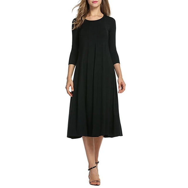 keepw Robe Femme Col Rond Automne Costume Manches Mi-Longues Grande Robe Évasée, Vert, S Noir S