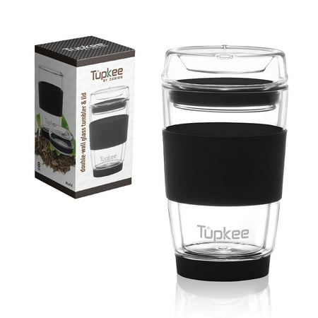 Tupkee Double Wall Glass Tumbler - 8-Ounce All Glass Reusable Insulated Tea/Coffee Mug & Lid Hand Blown Glass Travel Mug - Black