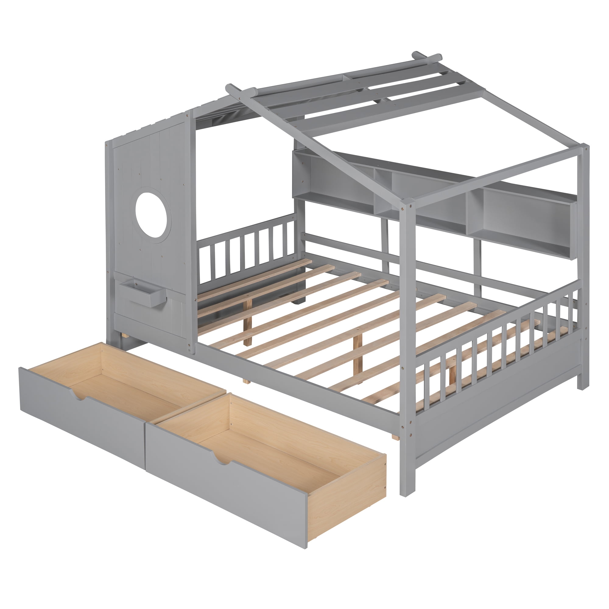 Harper & Bright Designs Full Size House Bed with Roof and Window, Wooden Daybed Frame with Shelves and 2 Drawers for Girls Boys, Gray