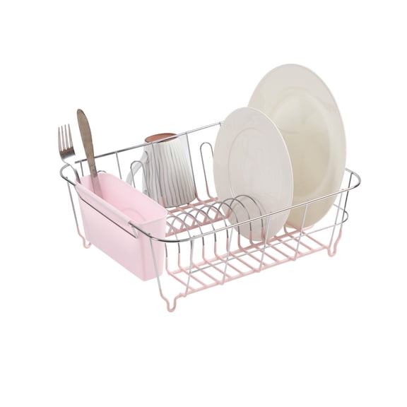 2 Piece Chrome Plated Steel Small Compact Dish Drainer, Pale Pink