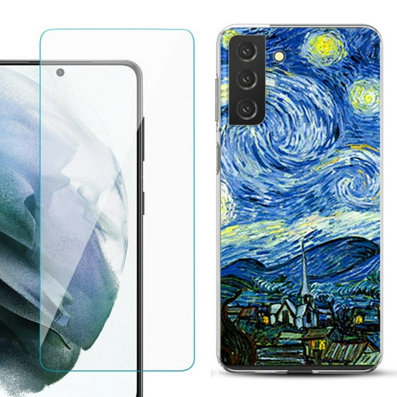 Slim-Fit TPU Fashion Phone Case for Samsung Galaxy S21 FE 5G Fan Edition, with Tempered Glass Screen Protector, by OneToughShield ® - Starry Night Paris