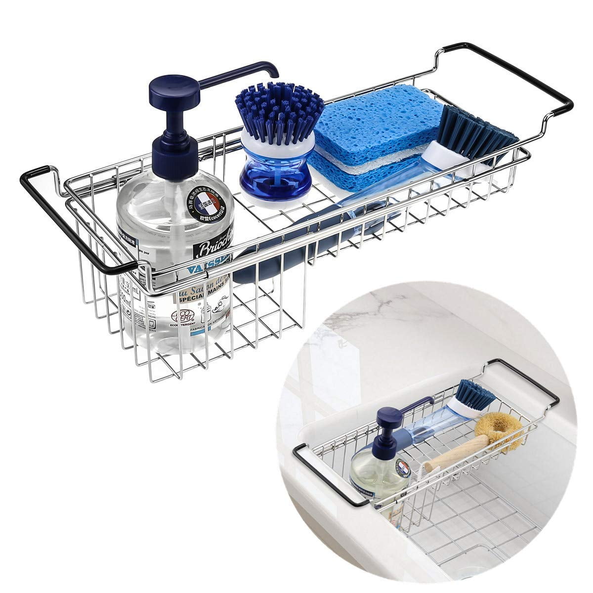 KeFanta Kitchen Sink Caddy Sponge Holder Hanging Dish Sponge Organizer Holder Telescopic Farmhouse Sink Accessories Over Sink Expandable 14 20 Brush Soap Storage Rack Stainless Steel Walmart