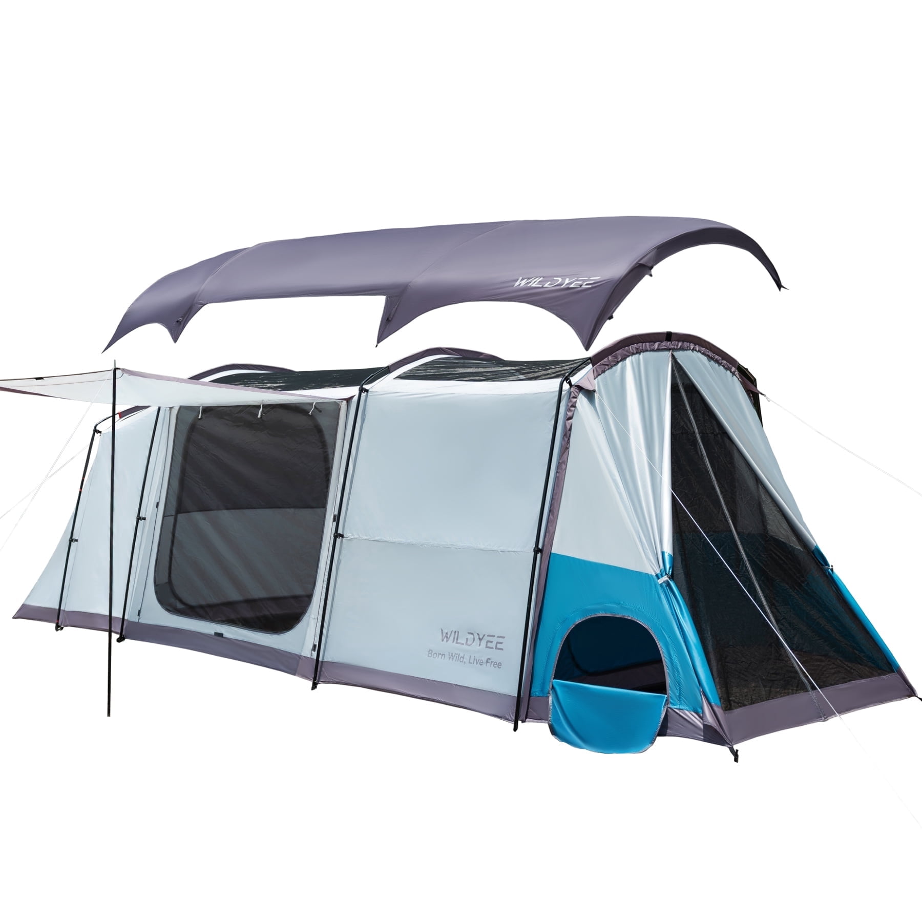 WILDYEE 10 Person Glamping Tent, Camping Family Tent with Pet Room & Extra Porch and Rainfly, 3 Rooms, 2 Doors Tunnel Tent, Blue