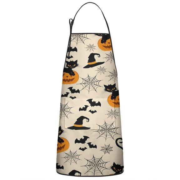 Black Cat Pumpkin Halloween Pattern Apron-Garden Aprons for Women with Pockets-Cotton Linen Waterproof Kitchen Cooking Gardening Aprons Adjustable for Kitchen,Cooking,BBQ and Salon 33"x27"
