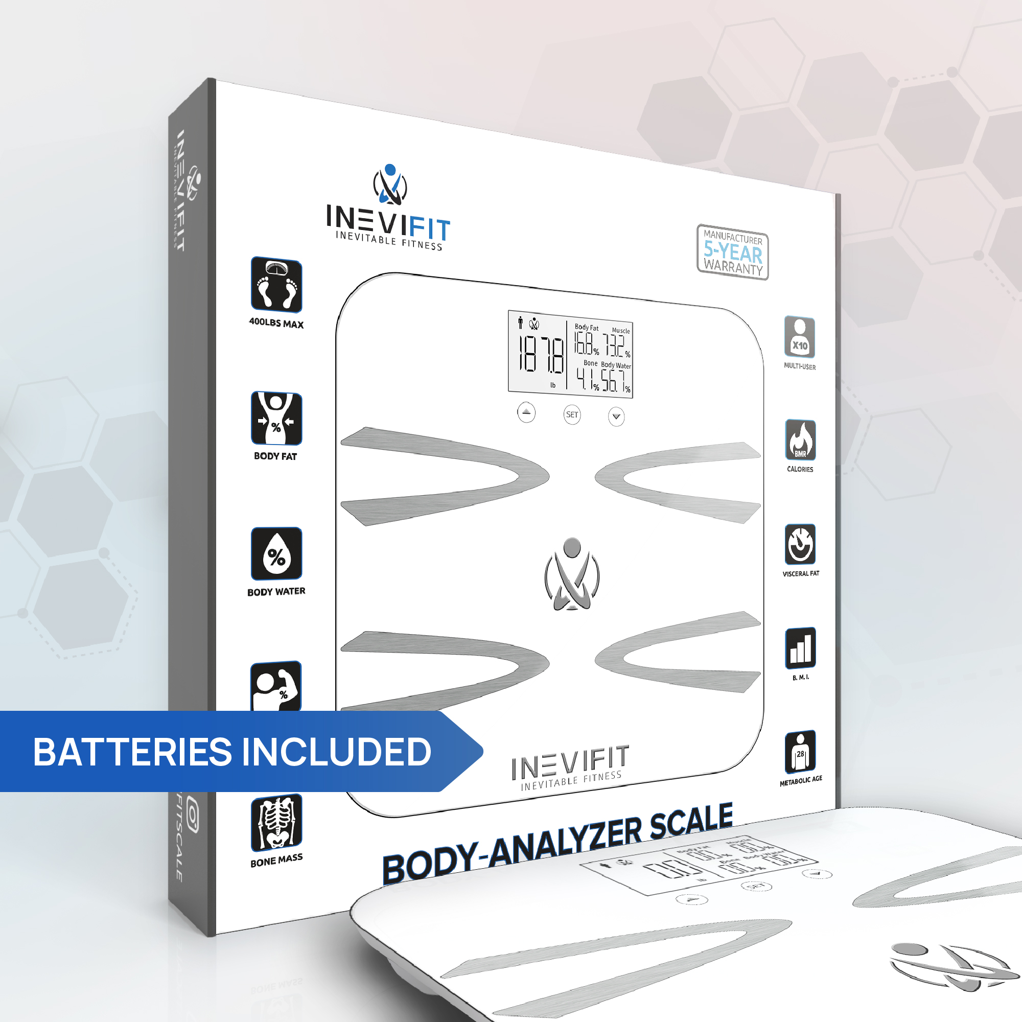INEVIFIT BODY-ANALYZER SCALE, Highly Accurate Digital Bathroom Body Composition Analyzer, Measures Weight, Body Fat, Water, Muscle, BMI, Visceral Fat & Bone Mass for 10 Users. 5-Year Warranty - White