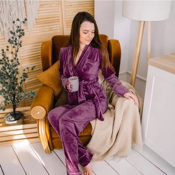 Ropa de casa para mujer Camisón de manga larga Traje de terciopelo dorado Cárdigan grueso y cálido