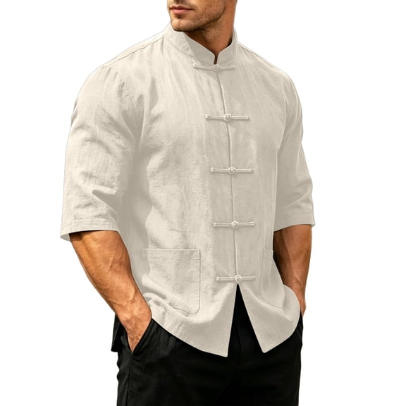 Cotton Shirts for Men New Chinese Style Tang Shirt Stand Collar Solid Color Short Sleeve Top with Pocket Soft Comfort Casual Tee Shirts