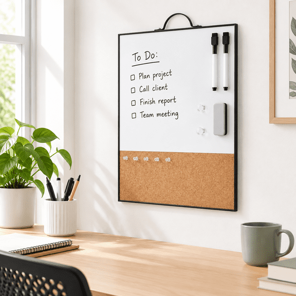 Black - 1/3 Corkboard, 12"W x 16"H 2-in-1 Dry Erase Whiteboard Cork Combo