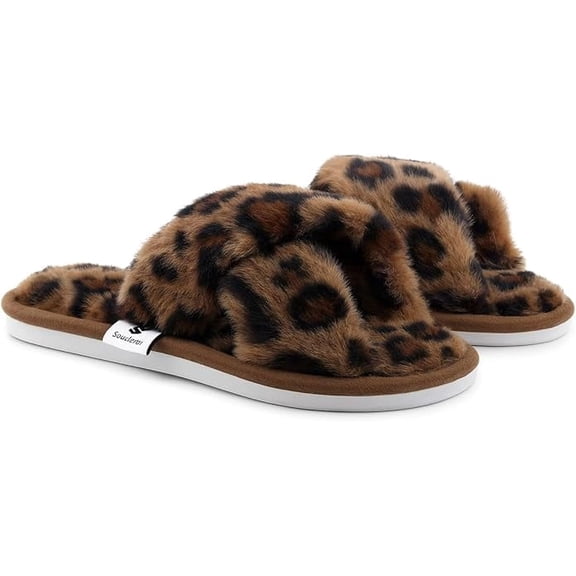 Leopard Print Slippers for Women, Faux Fur Memory Foam Slides/ Comfy Footwears, Brown, 10