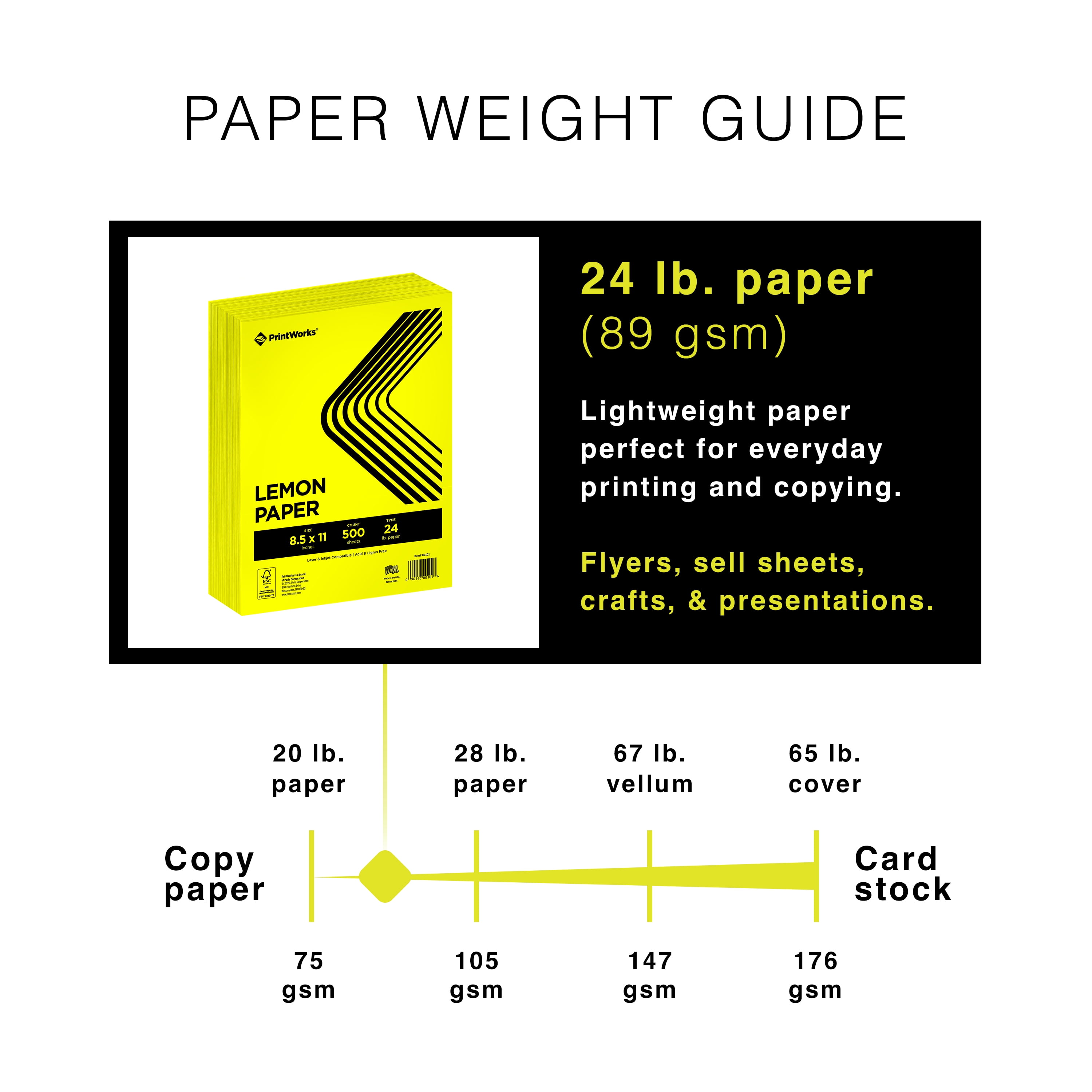 PrintWorks Premium Bright Lemon Yellow Colored Paper 8.5" x 11" - 24 lb/89 gsm - 2500 Sheets - Made in the USA - FSC® Certified - Acid-Free & Fade-Resistant - Printer Compatible (00101)