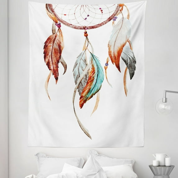 Feather Tapestry, Watercolor Dream Catcher Inspirations Traditional, Fabric Wall Hanging Decor for Bedroom Living Room Dorm, 5 Sizes, Burnt Sienna Seafoam, by Ambesonne