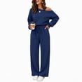thumbnail image 6 of Xinoom Women's 2 Piece Off Shoulder Sweatshirt Set, Long Sleeve Slouchy Top & Elastic Waist Wide Leg Pants, Soft Matching Outfit, Gift for Ladies, Casual Hangout Navy,M, 6 of 6