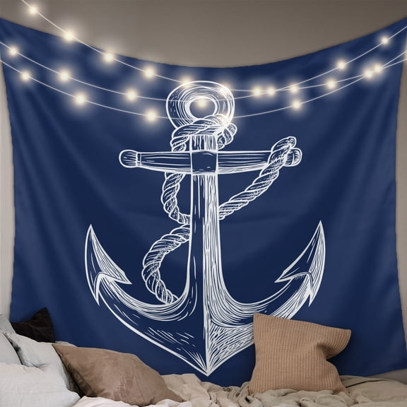 Nautical Anchor Tapestry for Bedroom Wall Hanging Tapestry, Navy Blue Coastal Marine Minimalist Rope Ceiling Backdrop Tapestries Poster Blanket Wall Decor for Teens Room Living Room Dorm 55" x 73"