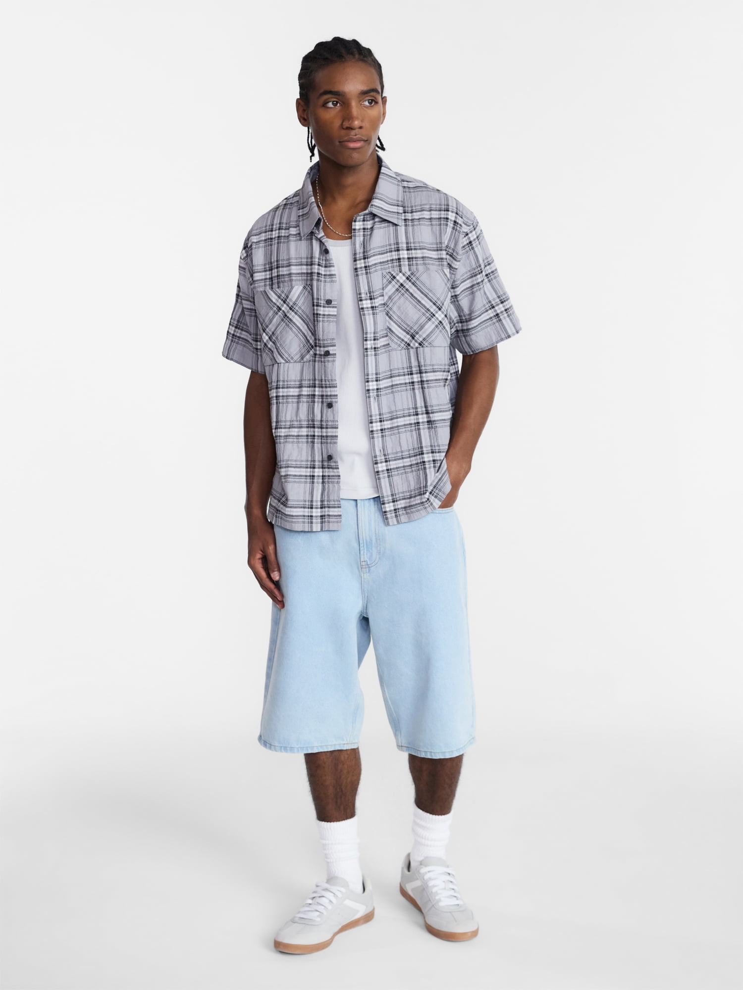 No Boundaries Textured Plaid Button Front Shirt with Short Sleeves, Men's XS-5XL