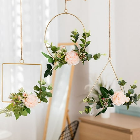Metal Frame Art Gold Metal Geometric Hoop Wreath Frame Artificial Garland Hanging Pendant Home Kitchen Wall Art Decoration Without Flower Accessory ()