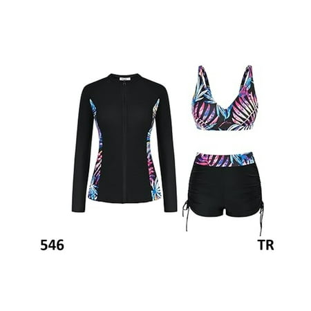JASAMBAC Women 3 Piece Rash Guard Long Sleeve Zip Up Swimsuits UPF50+, S, Black