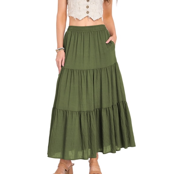 Iyufng Maxi Linen Skirts for Women Summer Casual High Waist Elastic Lining Skirt with Pockets