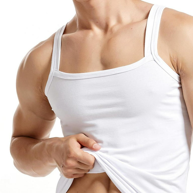 Men's Cotton Square Neck Tank Top Undershirt Athletic Underwear Sports Gym  Workout Tanks,White M
