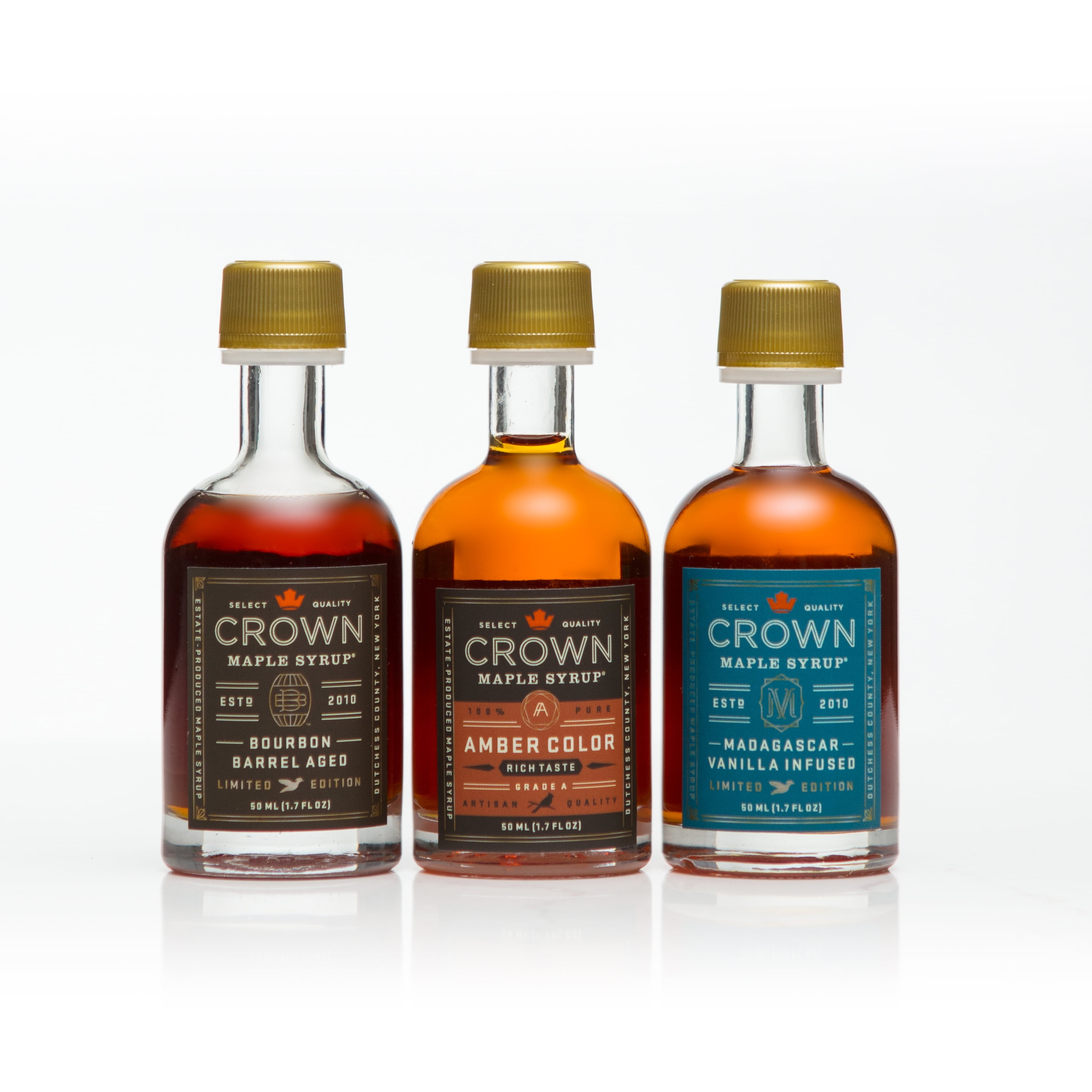 Crown Maple Organic Maple Syrup with Three 1.7 fl oz Bottles: Amber 100%Pure, Bourbon & Vanilla