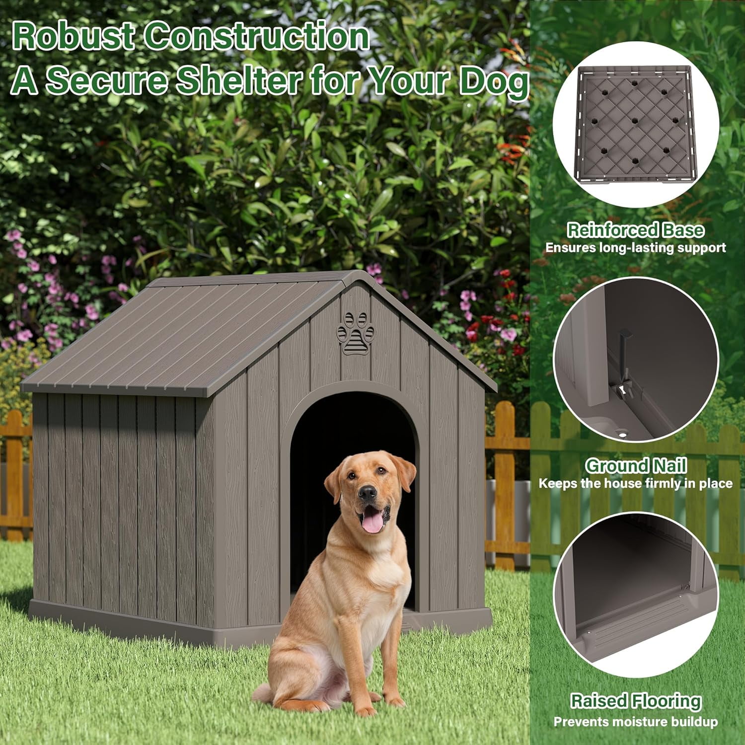 Large Dog House for Outdoor & Indoor, Waterproof Puppy Shelter with Air Vents & Elevated Floor, Easy Assemble Sturdy Dog Kennel for Large Dogs(Grey,36.2''L×38''W×38''H)