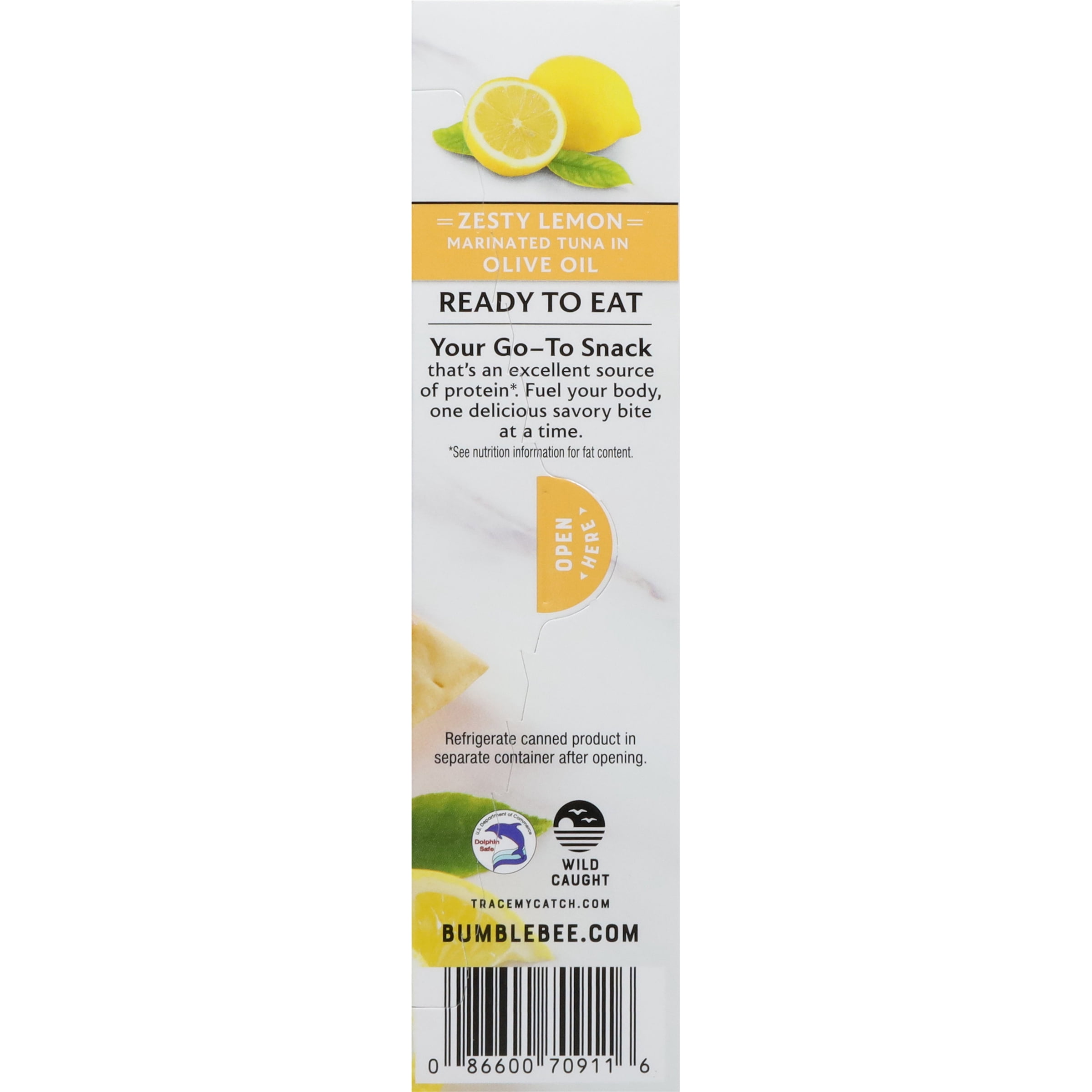 (6 pack) Bumble Bee Prime Protein on The Run Tuna Marinated in Olive Oil and Lemon, Wild Caught, Ready to Eat, 19g Protein per Serving, Shelf Stable Box, 3.5 oz