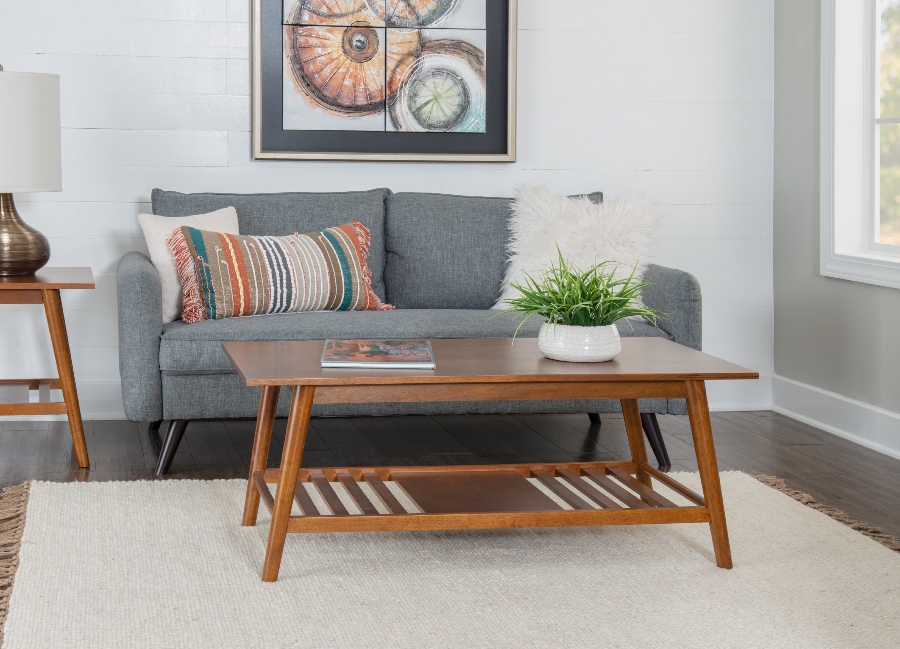 Linon Ashville Mid-Century Coffee Table with Shelf, Walnut