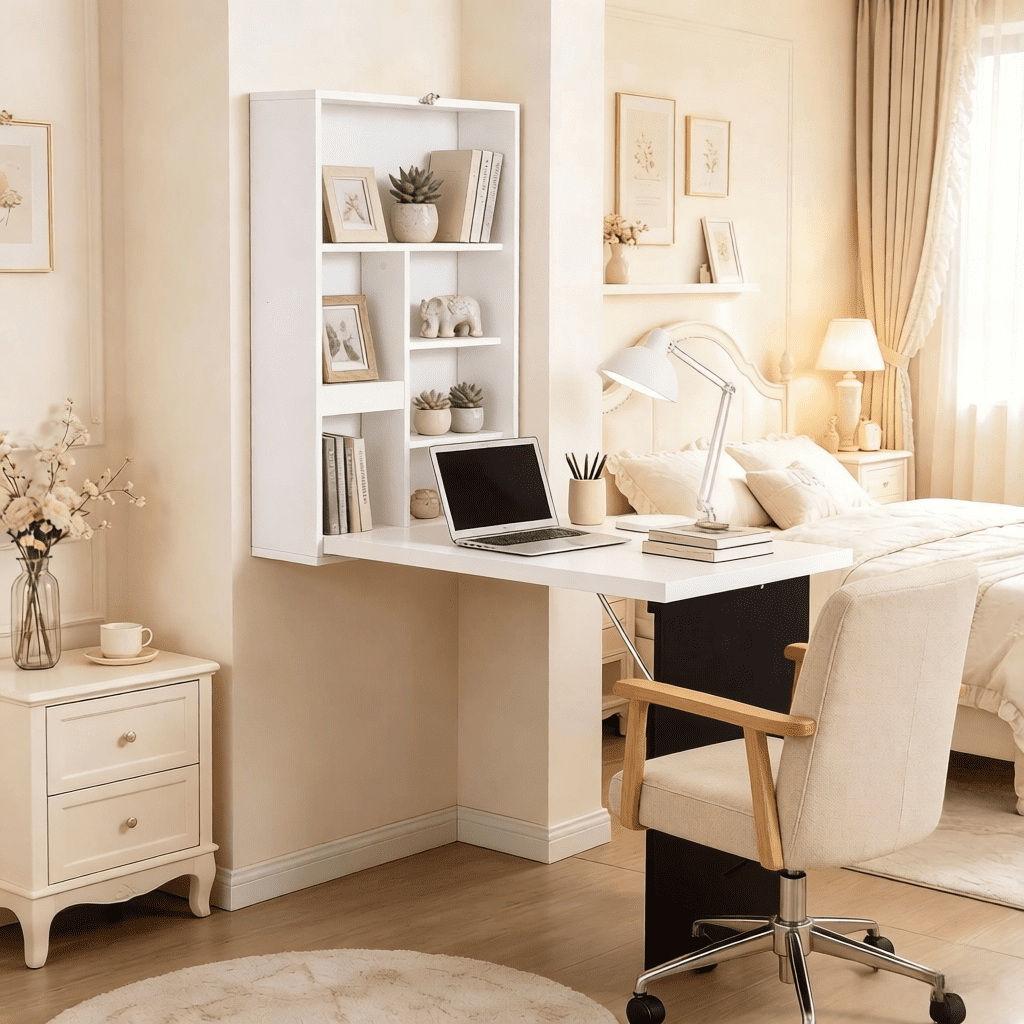 Wall Mounted Foldable Convertible Desk with Side Blackboard, P2 MDF Space Saving Floating Writing Computer Table with Multi Storage Shelves for Small Room