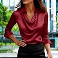 thumbnail image 4 of Womens Tops Elegant Cowl Neck 3/4 Sleeve Satin Work Blouse Spring Summer Shirts for Women Red L, 4 of 6