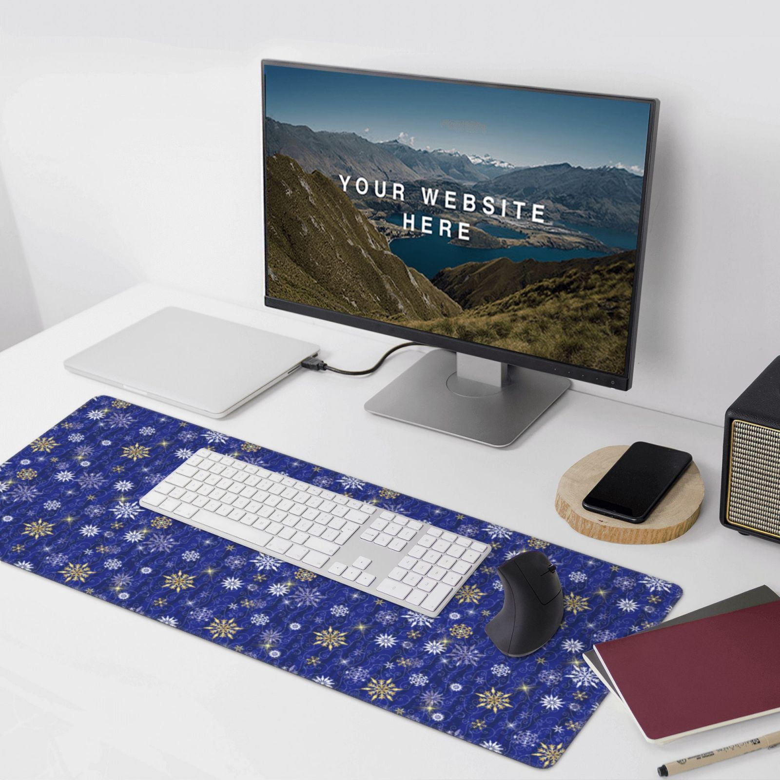 Xecao Golden Snowflakes Royal Blue Print Large Mouse Pad, 16x35.5in Mousepad, Professional Non-Slip Rubber Base Big Mouse Pad, Mouse Pad for Gaming & Office Full Desk Mouse Pad