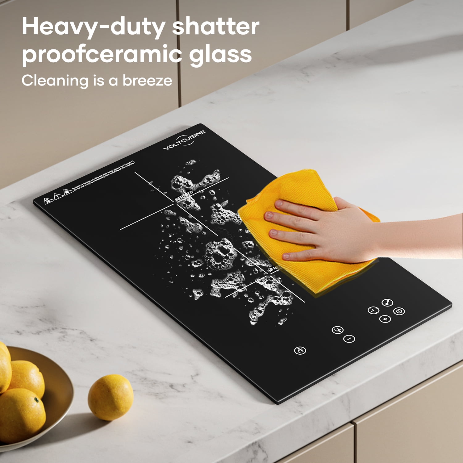 VoltCuisine Induction Cooktop 2 Burner, Shatter-proof Flat Glass Top, 9 Heat Settings, LED Touch Display with Child Safety Lock & Overheat Protection