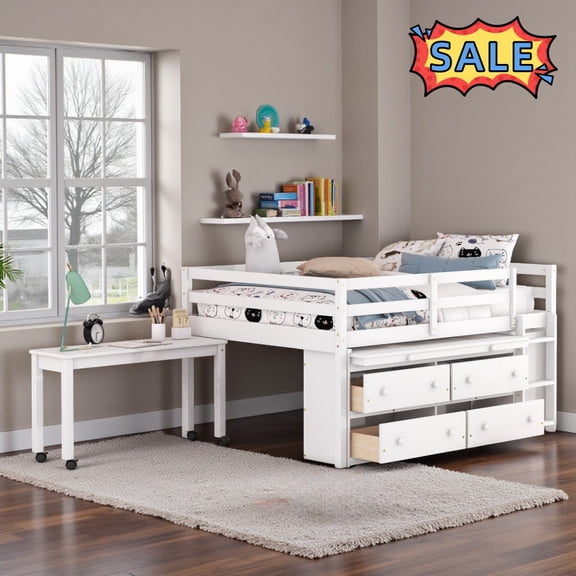 Tcbosik Loft Bed with Rolling Desk, Open Shelves and 4 Storage Drawers, Full Size Wood Bed Frame with Ladder and Guardrail, No Box Spring Needed, White