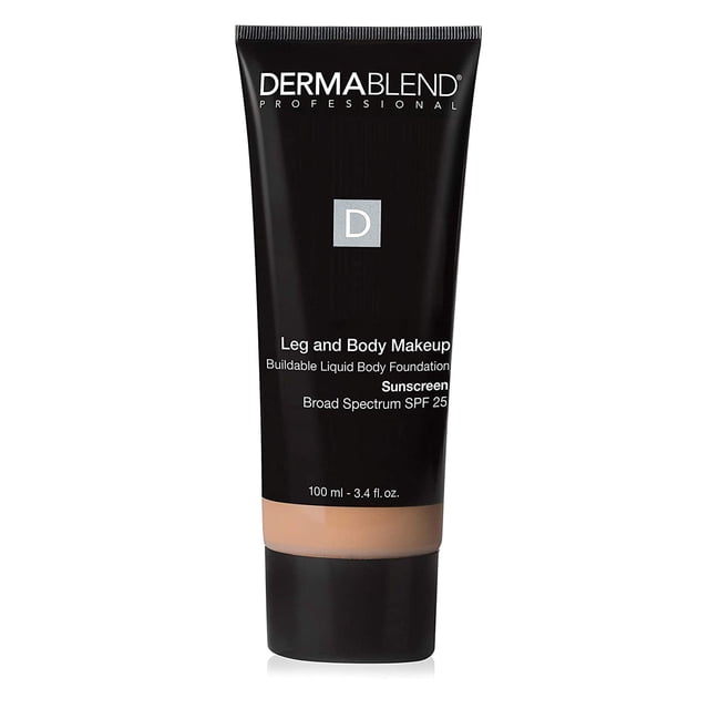 maquillaje dermablend piernas y cuerpo 20n natural claro 3.4 oz tubo frontal centrado, envase negro de 100 ml con texto blanco y banda inferior color piel que muestra el tono Luz natural 20N; base líquida corporal para cubrir venas, estrías, tatuajes y cicatrices, con SPF 25, a menudo usada para unificar el tono de piernas en eventos.