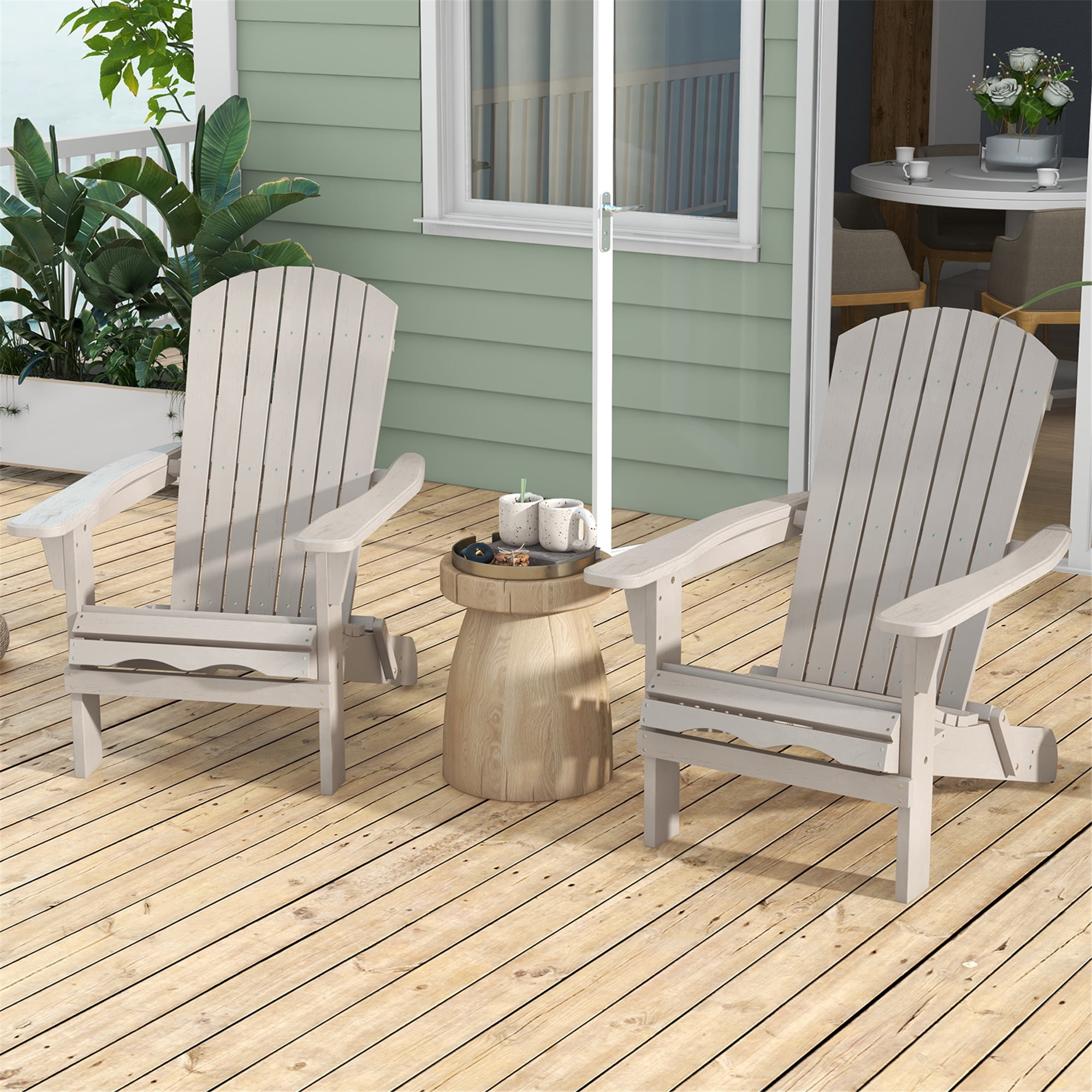 Gymax Folding Adirondack Chair Set of 2 w/ High Backrest & Wide Armrests Wooden Gray