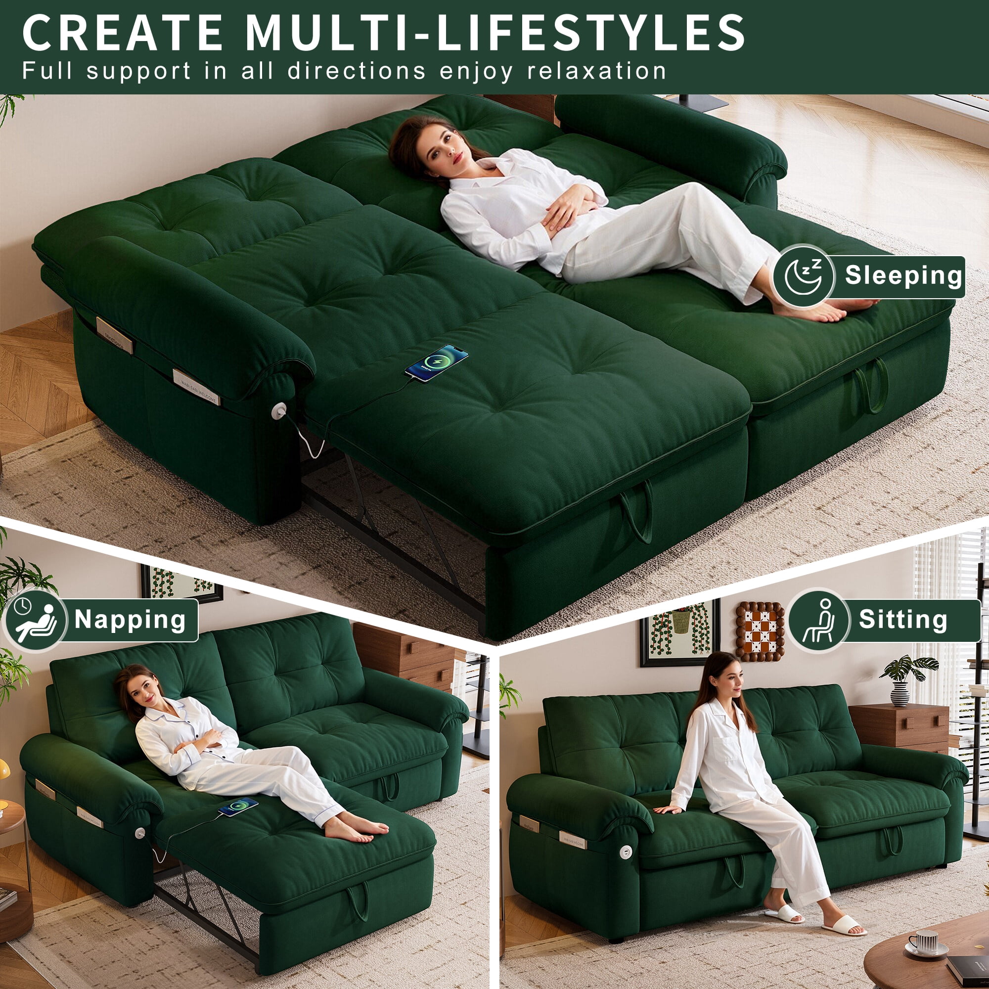 AISWORD 77"W Convertible Sleeper Sofa Bed,Velvet Pull-Out Loveseat Sofa Couch with USB Charging Port & Side Pockets,Modern Living Room Furniture for Small Spaces,Green