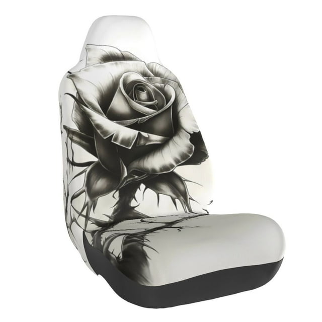 Wukai Black And White Rose Full Set Car Seat Covers with Soft Padding Universal Auto Front Seats Protector and Cushion Mat