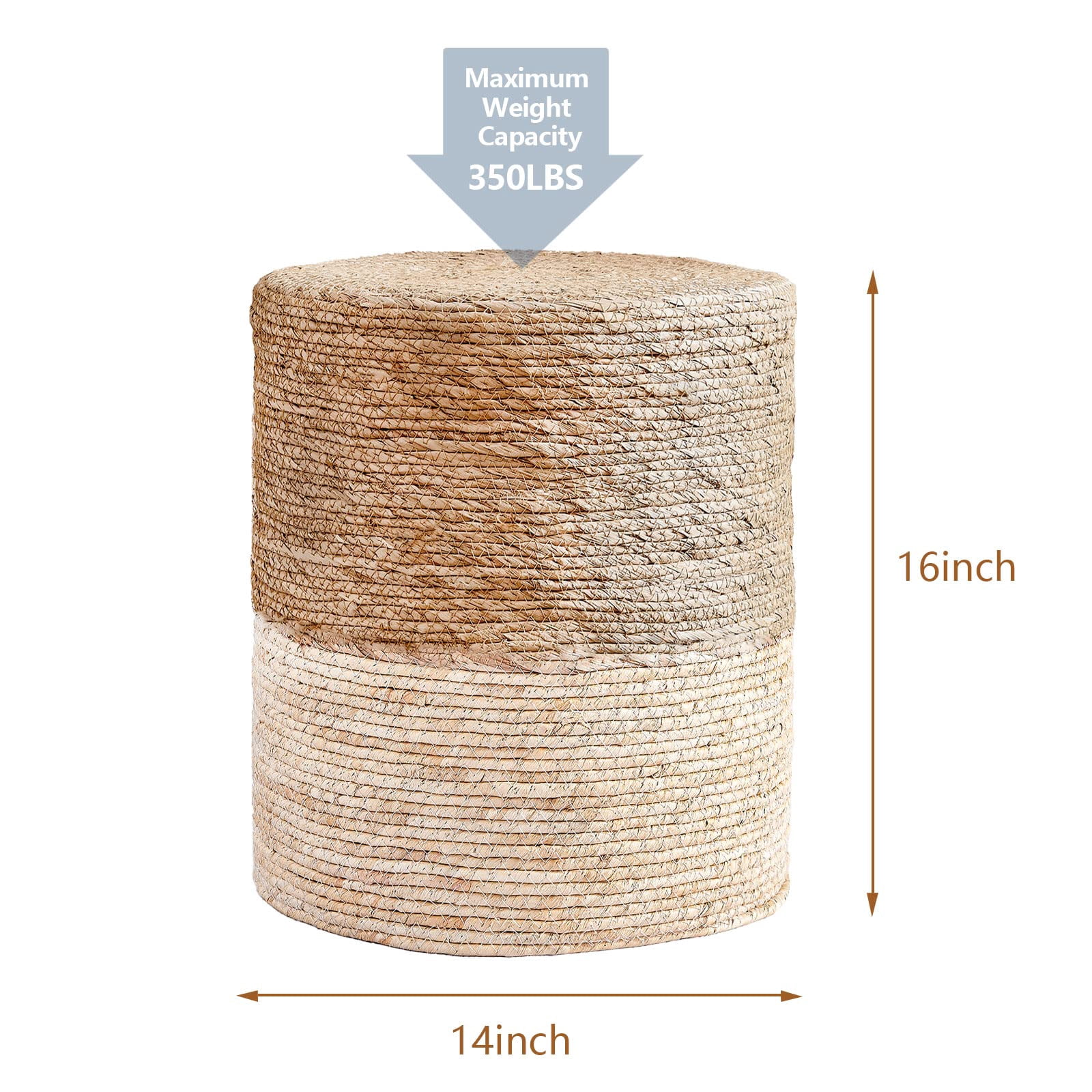 Tcbosik Hand Weave Ottoman, 14 inch Round Natural Seagrass Footrest, Boho Foot Stool for Living Room, Bedroom, Hallway, Space Saving, Natural+White