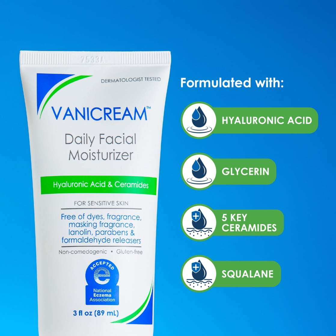 Vanicream Daily Facial Moisturizer with Hyaluronic Acid and Ceramides for Sensitive Skin, 3 fl oz