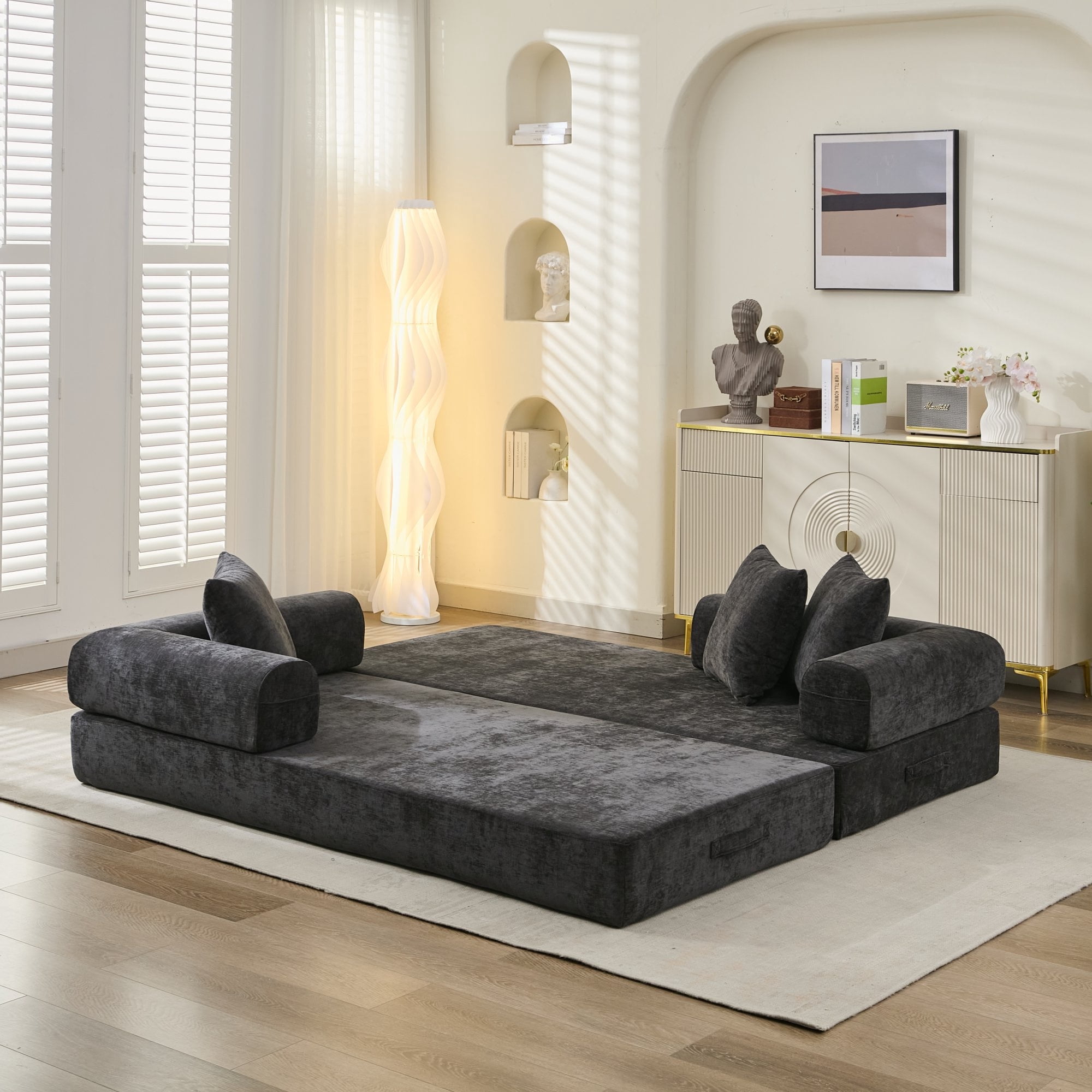 Aukfa Convertible Sleeper Sofa Bed King Floor Futon Couch for Living Room Bedroom, Chenille, Black