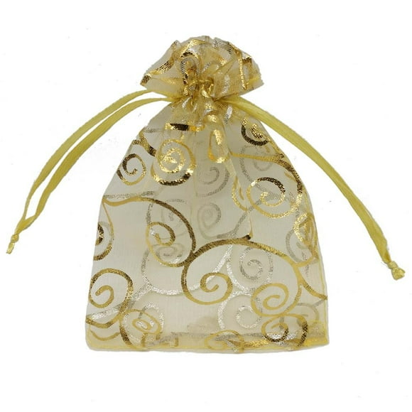 Ankirol Sacs en Organza Transparent 6x8 Pouces pour Mariage Baby Shower Lot de 100 Sacs Cadeaux Échantillons Pochettes à Cordon (Tourbillon Doré)