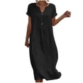 thumbnail image 2 of Women's Cotton Linen Midi Dress Casual Solid Short Sleeve V Neck Button Button Loose Summer Tshirt Dresses Beach Vacation Sundress, 2 of 7